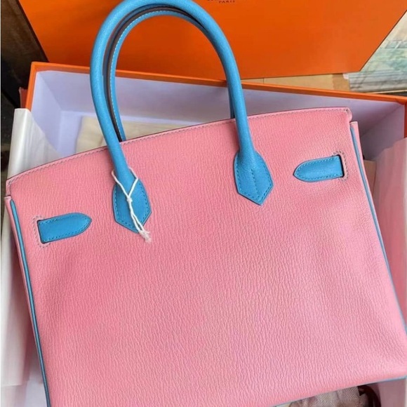 Birkin 30 Rose Confetti Bleu Azteque Chevre Bi-Color Horseshoe Bag - Picture 3 of 9